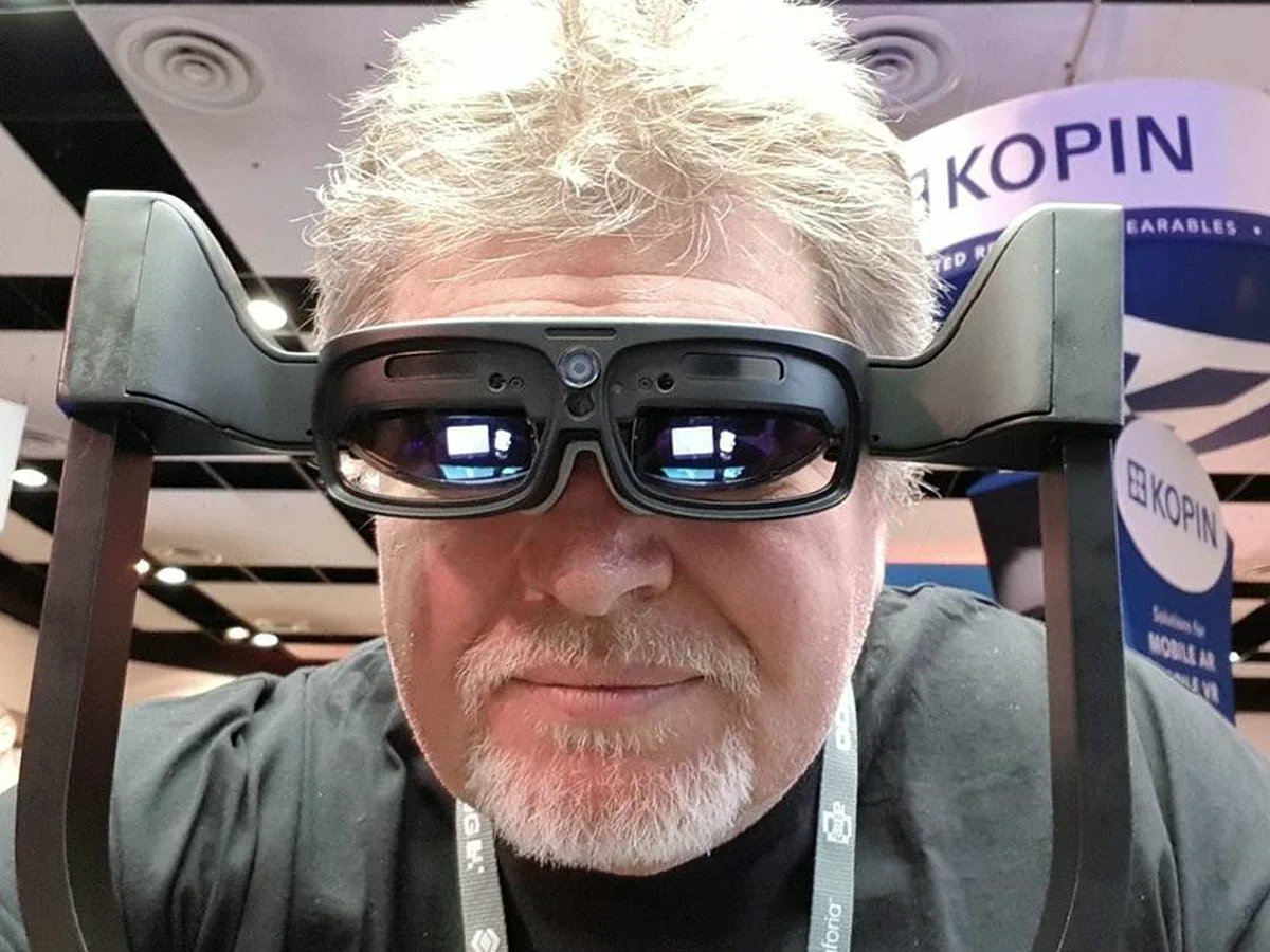 Roger Lawrence trying an experimental virtual reality headset